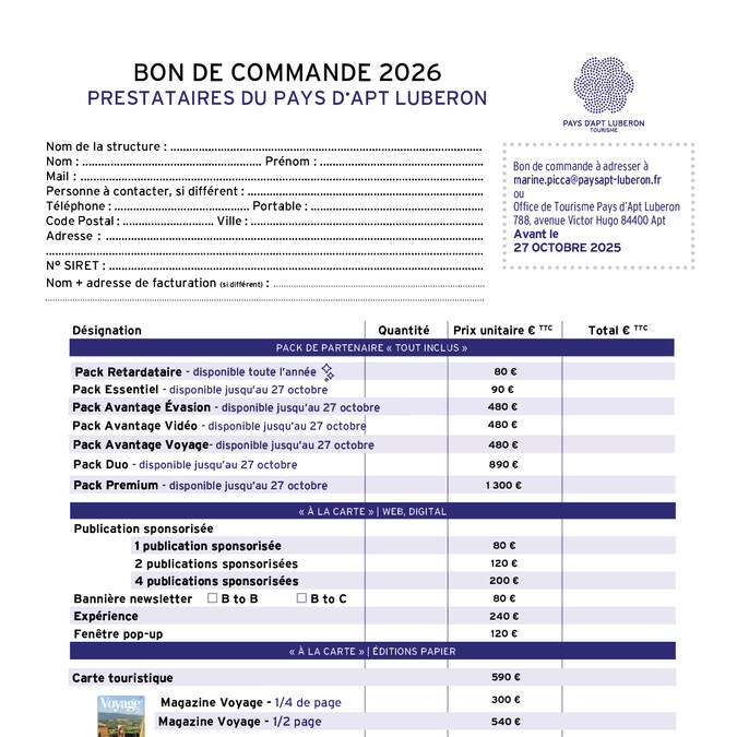 © Office de tourisme Pays d'Apt Luberon Guide du partenaire 2026 Office de tourisme Pays d'Apt Luberon